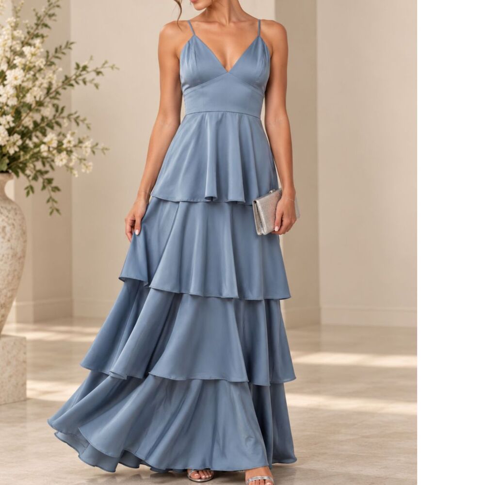 Lulus Going with Elegance Slate Blue Satin Tiered Maxi Gown M Feminine Romantic